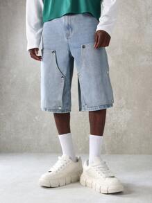 SUMWON Carpenter 牛仔短裤优质工装纽扣按扣覆盖设计宽腿宽松夏季滑板街头服饰节日时尚牛仔短裤