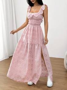 SHEIN EZwear Women's Burnout Embroidery Textured Backless High Slit Maxi Dress