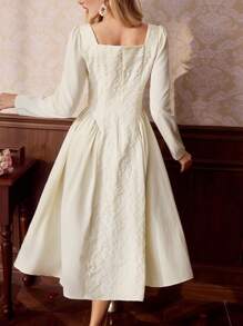 Vintamour Robe élégante rétro pour femme en jacquard ajusté à manches longues et coupe évasée, beige, vêtements de la Saint-Valentin, robes élégantes pour femmes, tenues professionnelles décontractées, robes pour invitées de mariage, vêtements d'église, robes modestes pour femmes - Beige - Voir 2