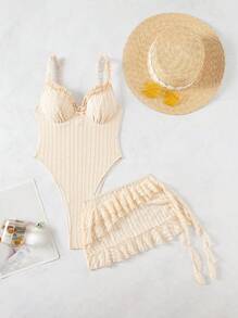 Swim SXY Sexy Women's Solid Color Spaghetti Strap Ruffled Edge Wire-Rimmed Front Bow Monokini & Double Layered Ruffle Hem Beach Skirt, 2pcs Set For Summer Beach Vacation - Apricot - View 4