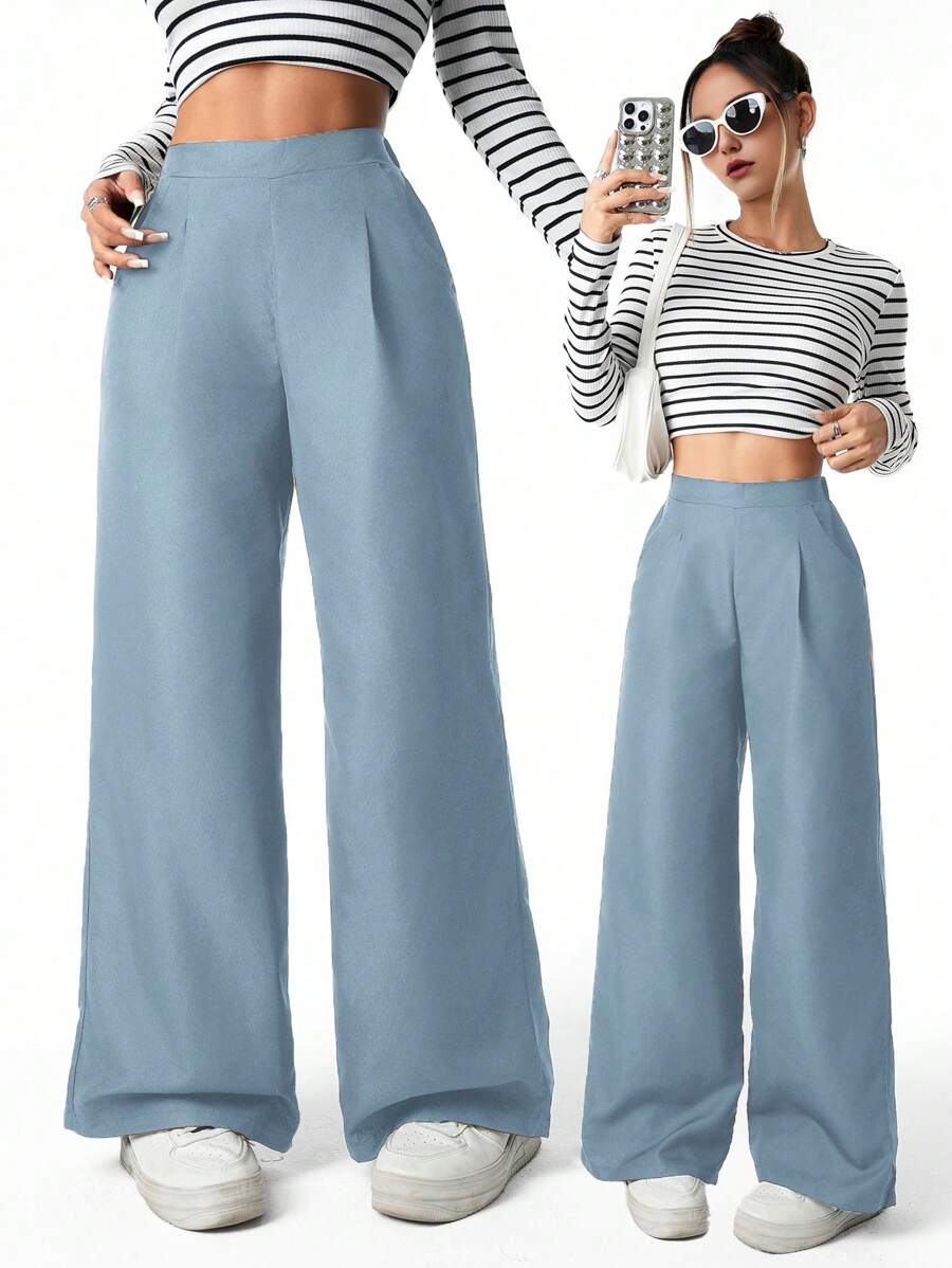 Pantalones anchos de pierna ancha sueltos y negros con pliegues en la cintura para adolescentes/adolescentes, versátil para primavera, verano, otoño e invierno - Neblina azul - Ver 1