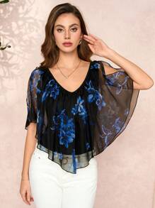 SHEIN Clasi 蓝色花卉印花露肩短袖修身女式T恤女士夏季服装情人节服装度假服装女士夏装女士露肩上衣花朵上衣露肩上衣雪纺上衣 - 藍色和黑色 - 查看 3