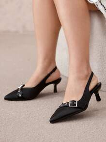 CUCCOO CURVES Giày cao gót mũi nhọn dáng rộng cỡ lớn, quai ngang mắt cá chân bằng vải satin màu đen thanh lịch, dùng được cho mọi mùa - màu đen - Xem 2