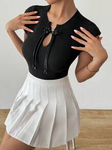 Chiquease 女式圆领盖袖短袖纯色纽扣针织上衣，春夏 - 黑色 - 查看 5