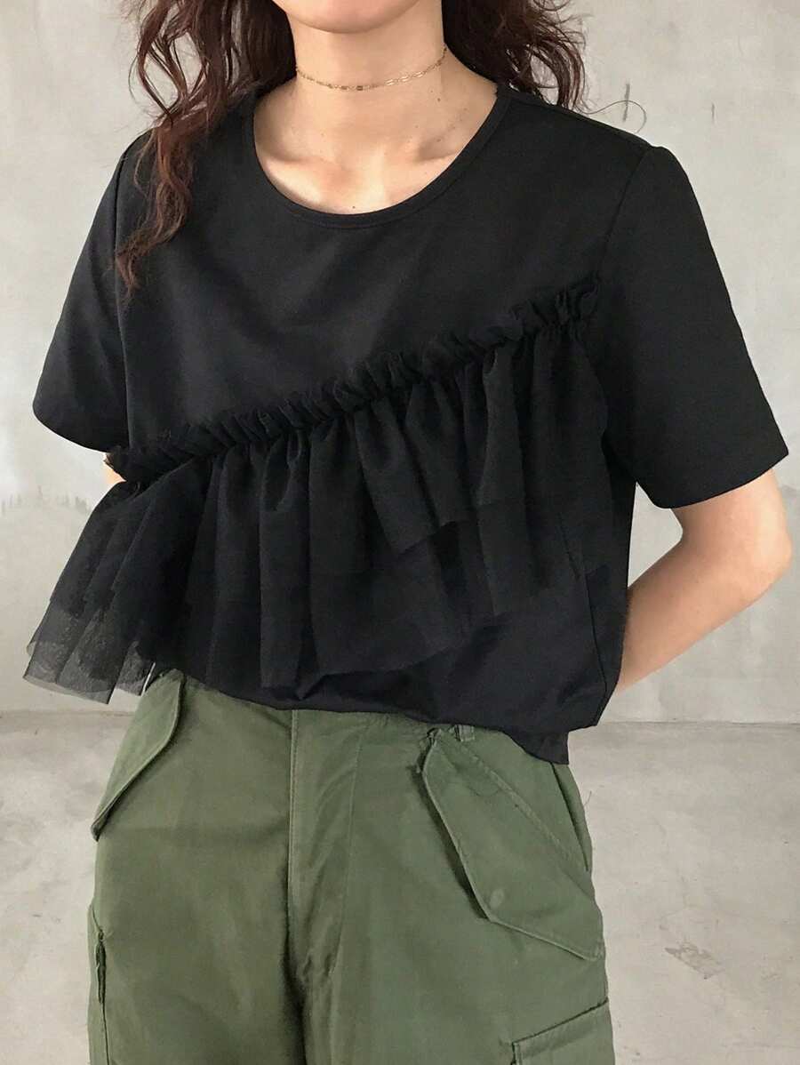 FRIFUL Women's Casual Solid Color Ruffle Mesh Trim T-Shirt, Summer Short Sleeve Top - Black - View 1