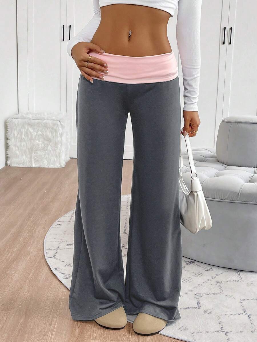 INAWLY Pantalon de jogging ample à jambe droite et taille blocs de couleurs décontracté pour femme