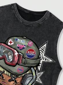 ROMWE MEN Street Life Men's Hip Hop Figure Print Washed Snow Flake Tank Top - Black - View 4