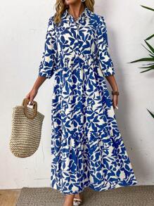 EMERY ROSE 优雅花卉印花领衬衫裙，配以蓝色和白色植物图案 - 彩色 - 查看 6