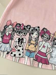 SHEIN Babygirl 休闲针织可爱卡通女童印花宽松短袖连衣裙，适合夏季 - 粉色 - 查看 3