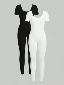 SHEIN EZwear 2pcs/Set Women's Black & White Knitted Bodycon Pants