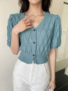 DAZY Women Casual Solid Color Puff Sleeve Button Front Knitted Top