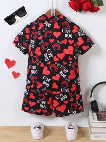 2 件套幼儿男孩夏季服装，可爱数码印花衬衫和短裤套装，带有心形和昆虫图案，短袖 Polo 衫和运动短裤，适合日常穿着、度假、上学 - 黑色 - 查看 4