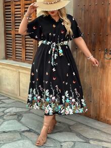 SHEIN VCAY Große Größen V-Ausschnitt Kurzarm Schleife Vorne Minimalistische Lässig Kleid