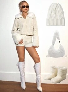 SHEIN ICON Áo len cardigan dài tay viền lông đơn hàng khuy cho nữ, mùa thu/đông - Màu be - Xem 6