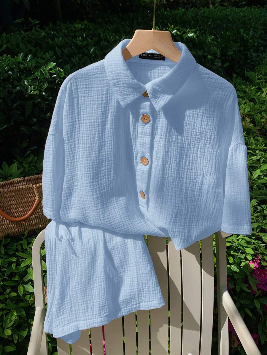 SHEIN EZwear Light Blue Women's Casual Linen 2 Pieces Set - Baby Blue - View 1