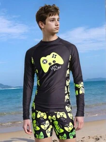 SHEIN Tween Boy' Round Neck Long Sleeve Printed Casual Swimwear Summer Holiday