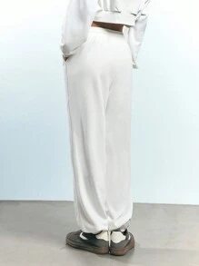 Maija Women's White Early Spring Elastic Waist Front Tie Slant Pockets Letter Print Casual Pants, Fashion Minimalist Style,Festival