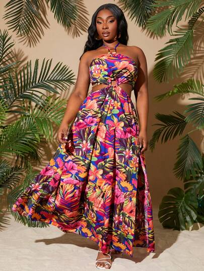 SHEIN SXY Plus Size Women's 2025 Spring & Summer New Tropical Floral Print Halter Neck Waist Cut-Out Ring Belt Decor High Slit Swing Dress, Suitable For Beach Vacation, Date Night, Birthday, Bachelorette Party Outfit, Cute, Casual, Shopping, Streetwear, Going Out,Easy To Match & Looks Slim, Accentuates The Body, Flattering Figure