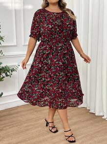 SHEIN CURVE+ Large Print Tie Collar And Waistband Summer Dress, Vacation Dress Boho Vacation
