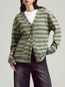 LYSMO Yellow Green Pocket Cardigan- Spring/Summer Vacation-2025New Arrival - Multicolor - View 3