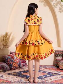 1pc Girls Floral Print Patchwork Collar Sleeveless Cake Skirt, Spring/Summer Vacation Style - Yellow - View 2
