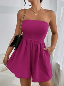 SHEIN Essnce Women's Solid Color Pocketed Casual Cami Romper - Red Violet - View 6