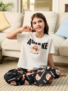 SHEIN Leap Crew Tween Girl Cute Cartoon Bear & Letter Pattern Round Neck Short Sleeve Straight Leg Loose Sleepwear Set, 2pcs, (2 Sets Sold Separately) - Black and White - View 2