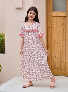SHEIN Short mou ample à encolure ronde avec bordure en dentelle, motif floral pour jeune fille. Ensemble assorti frère/sœur, robe décontractée à manches courtes avec imprimé floral pour vacances (2 pièces vendues séparément)