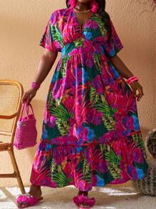 Slaydiva 2025 Summer&Beach New Plus Size Women V-Neck Floral Print Short Sleeve A-Line Maxi Dress, Vacation & Sexy & Elegant Spring/Summer Resort Dresses For Women Tropical Dress Women Plus Size Summer Dress Plus Size Vacation Dresses Hawaiian Dress For Women - Multicolor - View 3