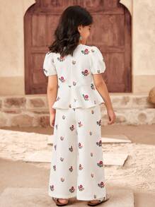 SHEIN Young Girl's Casual Fashion Ditsy Floral V-Neck Sleeveless Top And Straight Leg Pants Set - Apricot - View 5