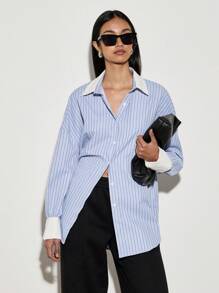 AiiRZ Oversized Pin Stripe Button Down Shirt Collared Office Wear Professional Business Casual Long Sleeve Contrast Cuff Blouse Spring Summer - Multicolor - View 1