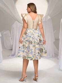 SHEIN Belle Plus Size Elegant Jacquard Taffeta Patchwork Ruffle Sleeve Sweetheart Neck Drawstring Short Party Dress, Wedding Guest Dress, Prom Dress