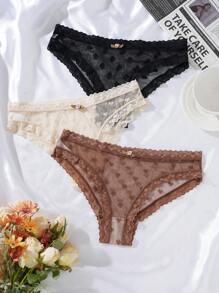 PetitDoll 3pcs Set Valentine's Day Lovely Heart Jacquard Mesh Brief For Women Lingerie - Multicolor - View 4