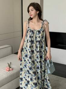 DAZY Damen Kleid mit Blume Muster und Bindedetail, ärmellos, knöchellang, Lässig Sommerkleid für Kreuzfahrten, Abendkleider, Maxikleid - Grün - Übersicht 5
