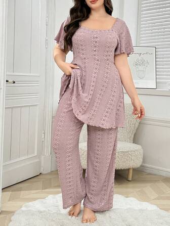 大码女式提花镂空半透明甜心领喇叭袖上衣和裤子睡衣套装