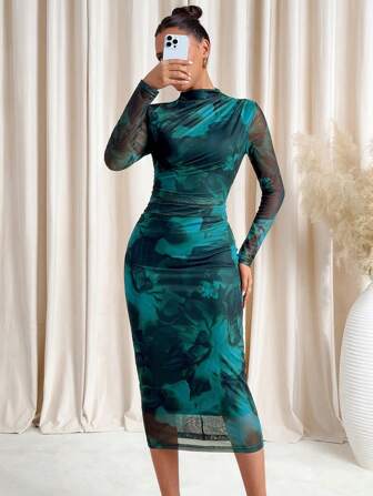 Lavishia Women's Tie-Dye Mesh Bodycon Midi Dress, Valentine's Day Outfit