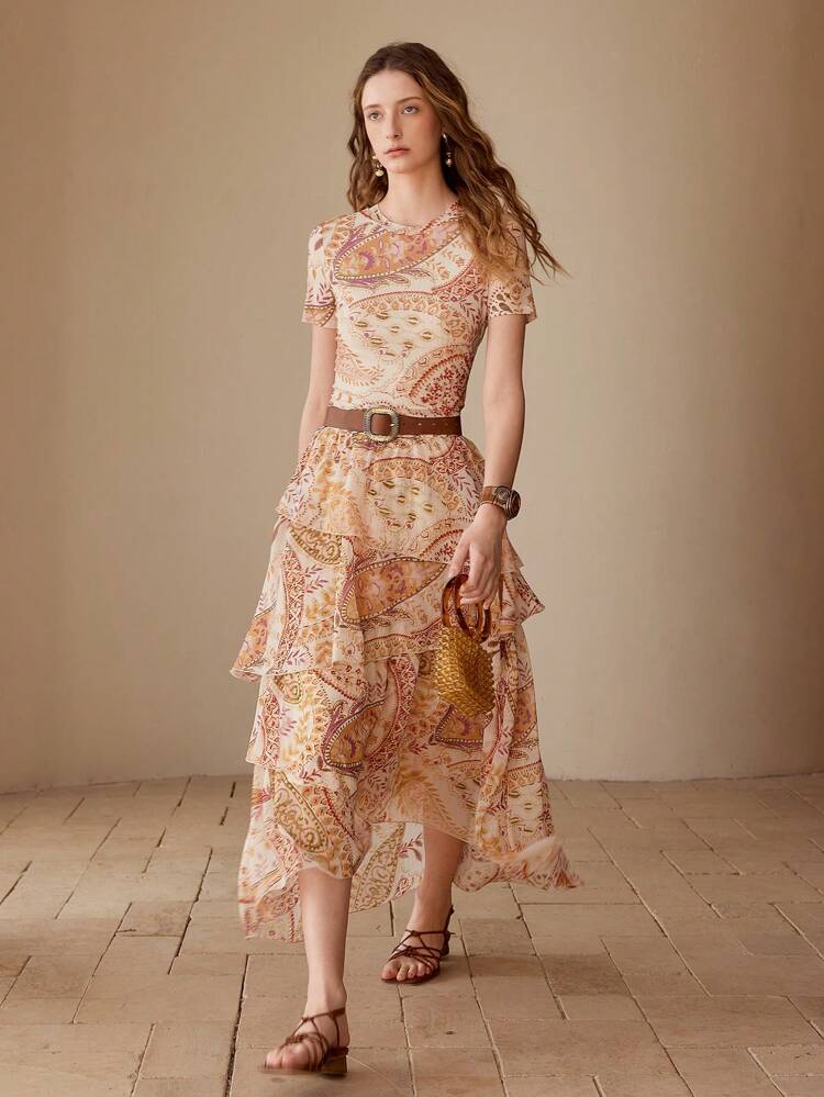PAISLEY PRINT ASYMMETRICAL RUFFLE HEM SKIRT,SPRING/SUMMER