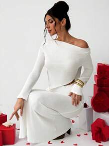 SHEIN Privé Set da 2 pezzi per San Valentino, composto da top a maniche lunghe con colletto asimmetrico e gonna lunga aderente, elegante - Bianco - Visualizzare 9