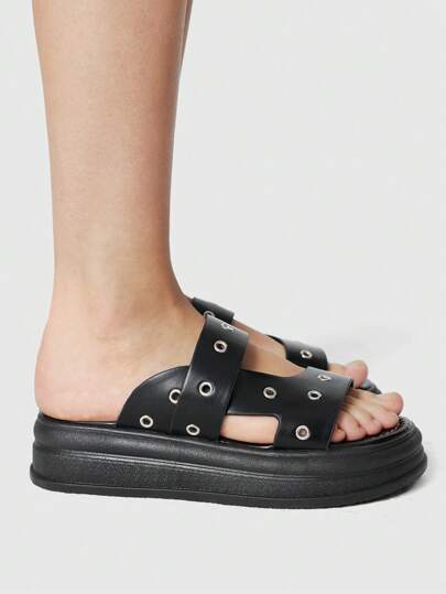 Women's Summer Open Toe Roman Beach Sandals, Punk Rock Gothic Black Slippers, Holiday Platform Chunky Heel Sandals Spring Shoes Spring Break Easter