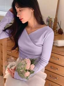 DAZY Áo thun nữ cổ chữ V dài tay màu trơn, mặc hàng ngày, trang phục mùa thu - Màu tím - Xem 6