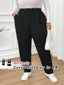 SHEIN CURVE+ 大码女装秋冬时尚休闲舒适豹纹拼接松紧腰口袋黑色裤子，女式下装，秋季女装，工作裤，教师服，曲线裤，办公室装，商务休闲女装 - 黑色 - 查看 1