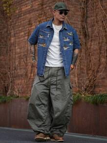 DAZY 男士夏季图案前扣休闲牛仔衬衫，简约风格 - 藍色 - 查看 6