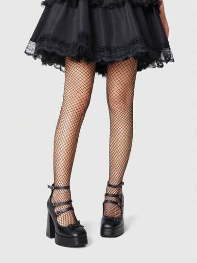 Goth Talons hauts noirs en PU à bout rond, avec patchwork de filet et bordure pour femmes. Idéal pour un look casual et sombre de campus