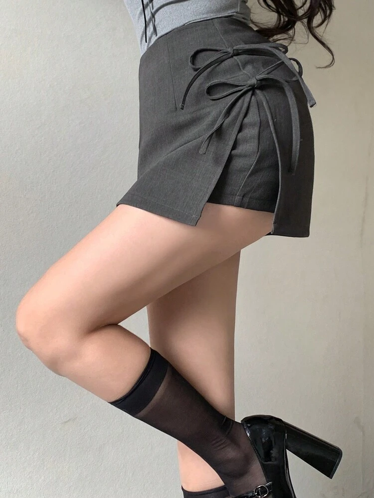 Women's Bow Decor Side Slit Mini Skirt