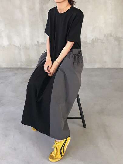 FRIFUL 女式黑色宽松长裙，拼色圆领短袖，休闲夏季装太阳裙