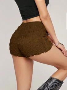 SHEIN EZwear Quần short bó cạp cao dệt kim họa tiết trơn cho nữ - màu nâu - Xem 2