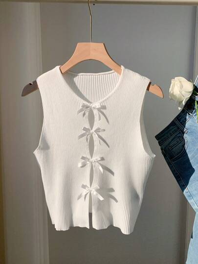 Comfortcana Women Solid Color Bowknot Hollow Knit Casual Sleeveless Top