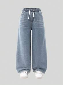 Denimly Teen Boys Vintage Casual Daily Urban Street Chic All Year Must Have Multipocket Wide Leg Jeans With Distressed Wash, Elastic Waistband And Adjustable Drawstring - Medium Wash - View 5