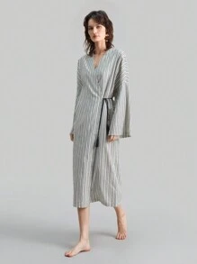 Ontre 女士灰色和白色波西米亚风格长袖裹身罩衫，条纹简约长滩罩衫，休闲假日 - 黑與白 - 查看 4