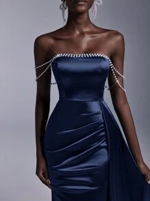 Elitara Luxurious Off-Shoulder Beaded Trim High Slit Fish Tail Maxi Evening Dress (Heavy Embellishment) For Women, Elegant Formal Gown, For Wedding Guest, Graduation, Dinner Party Dress - Navy Blue - View 3